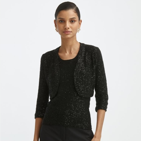 Oscar de la Renta Sequined Cropped Open Cardigan Bolero Size Medium Tan Gold - Picture 14 of 16